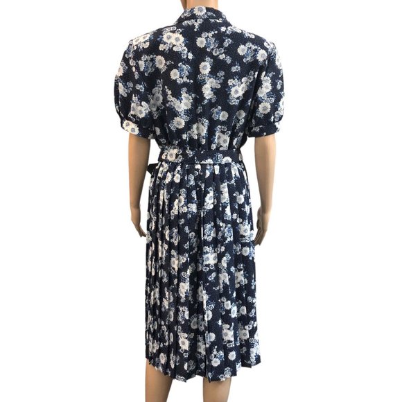 Vintage 80s Navy Blue Floral Print Pleater Belted Button Up Dress - Picture 3 of 9